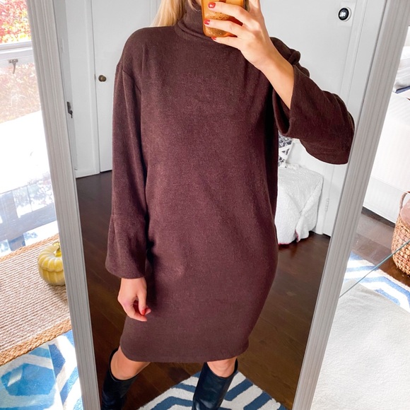 🤎 LILA KASS BROWN WOOL BLEND TURTLENECK LONG SLEEVE LOOSE FIT DRESS! - Picture 1 of 13